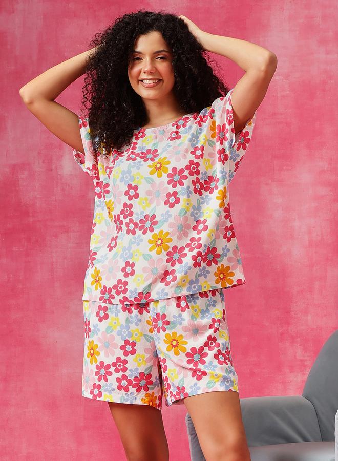Clovia Floral Print T-Shirt and Shorts Set - Image 1